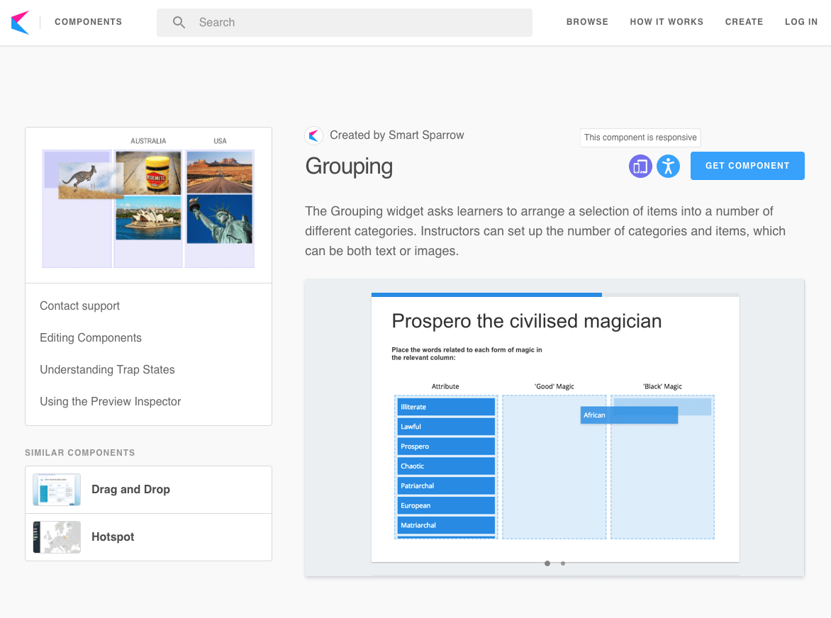 Example of a component page in the Smart Sparrow library