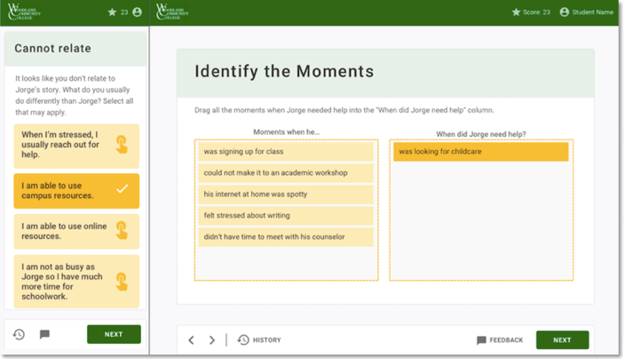 Examples of two screens from the WCC lesson